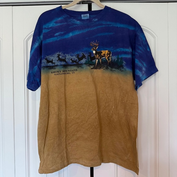 New Vintage Tie Dye Stag Deer Smoky Mountains Gatlinburg Tennessee T-shirt 90s - Picture 2 of 4